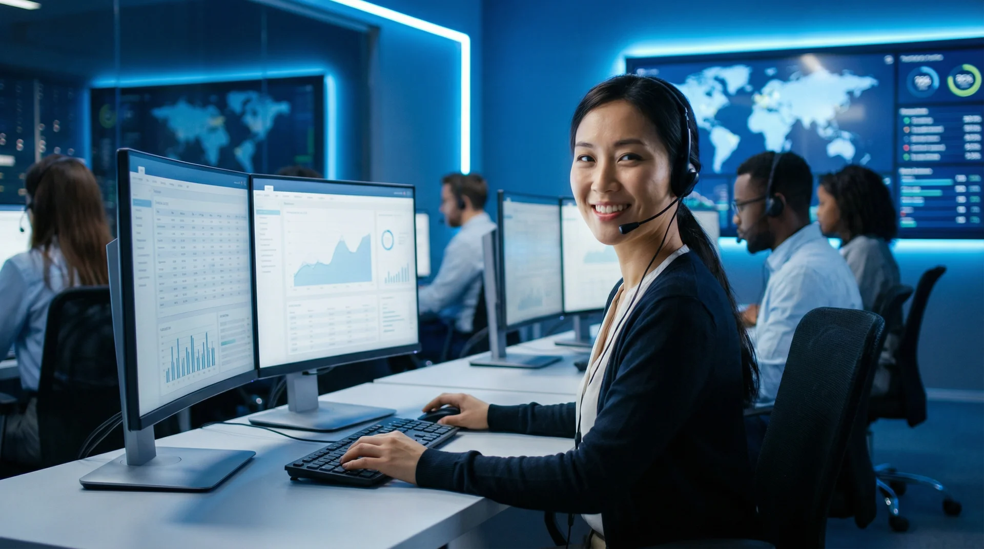 赏金国际专业客服团队在现代化办公室提供全天候服务